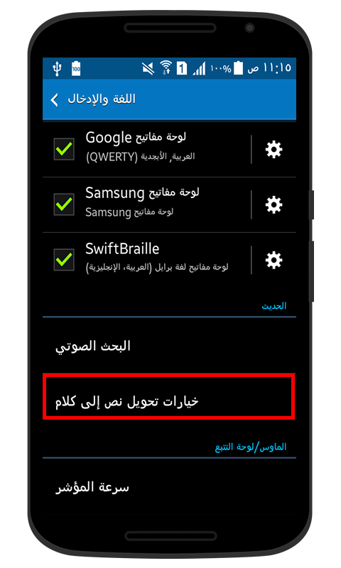 خيارات تحويل النص إلى كلام